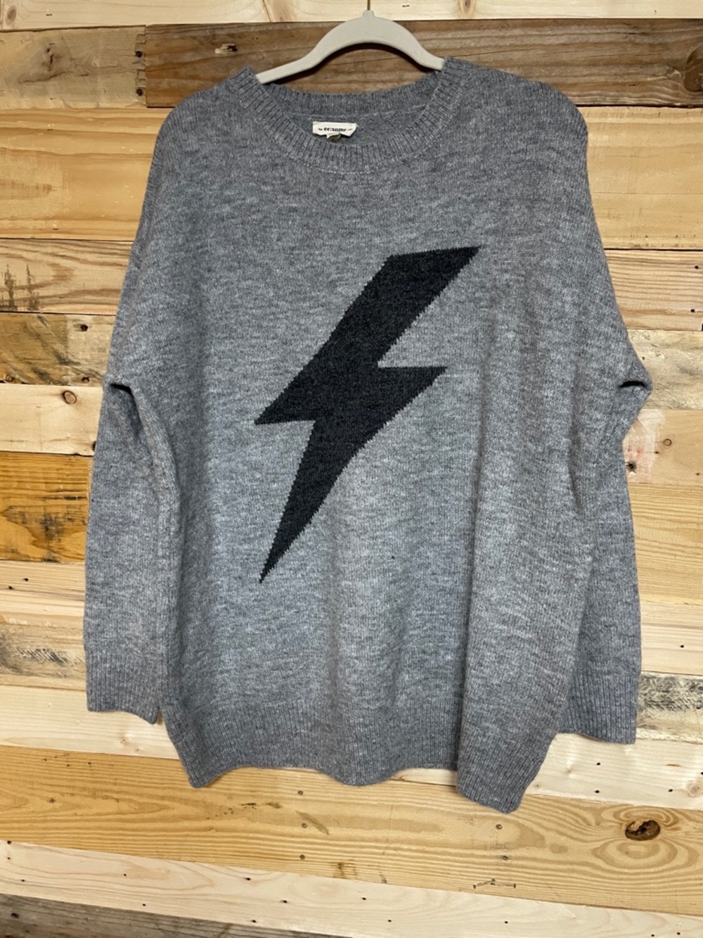eesome size M/L Gray Knit Crewneck Soft Sweater with Charcoal Lightening Bolt